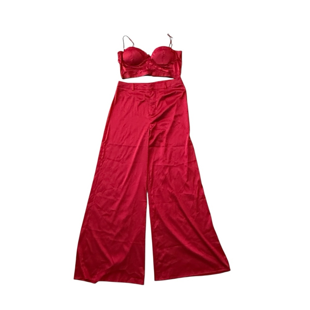 Fashion Nova Women's Size XL Maroon Red Silky Pant And Lace Crop Tank Set